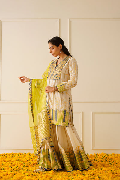 Simar Dugal Colourblock Short Kurta And Sharara Ivory With Lime Green indian designer wear online shopping melange singapore