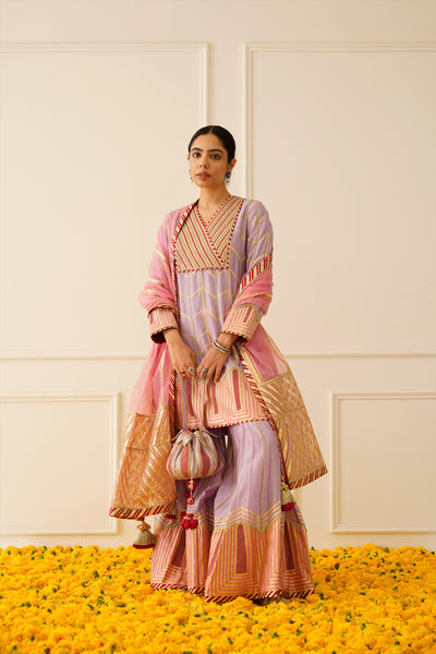 Simar Dugal Colourblock Short Kurta And Sharara Lavender with Light Pink indian designer wear online shopping melange singapore