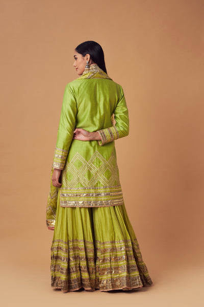 Simar Dugal Short Kurta With Sharara And Dupatta Lime Green indian designer wear online shopping melange singapore