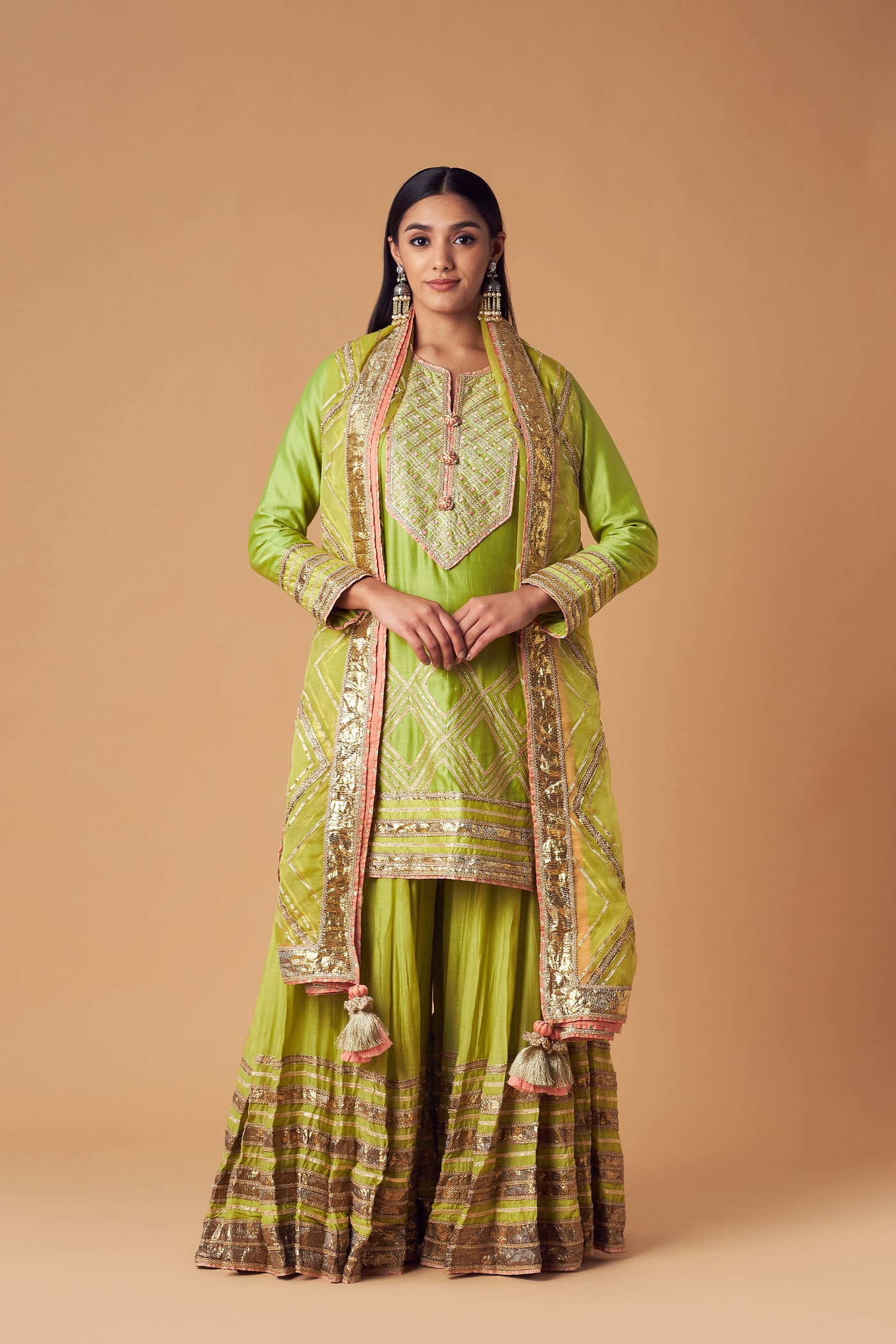 Simar Dugal Short Kurta With Sharara And Dupatta Lime Green indian designer wear online shopping melange singapore