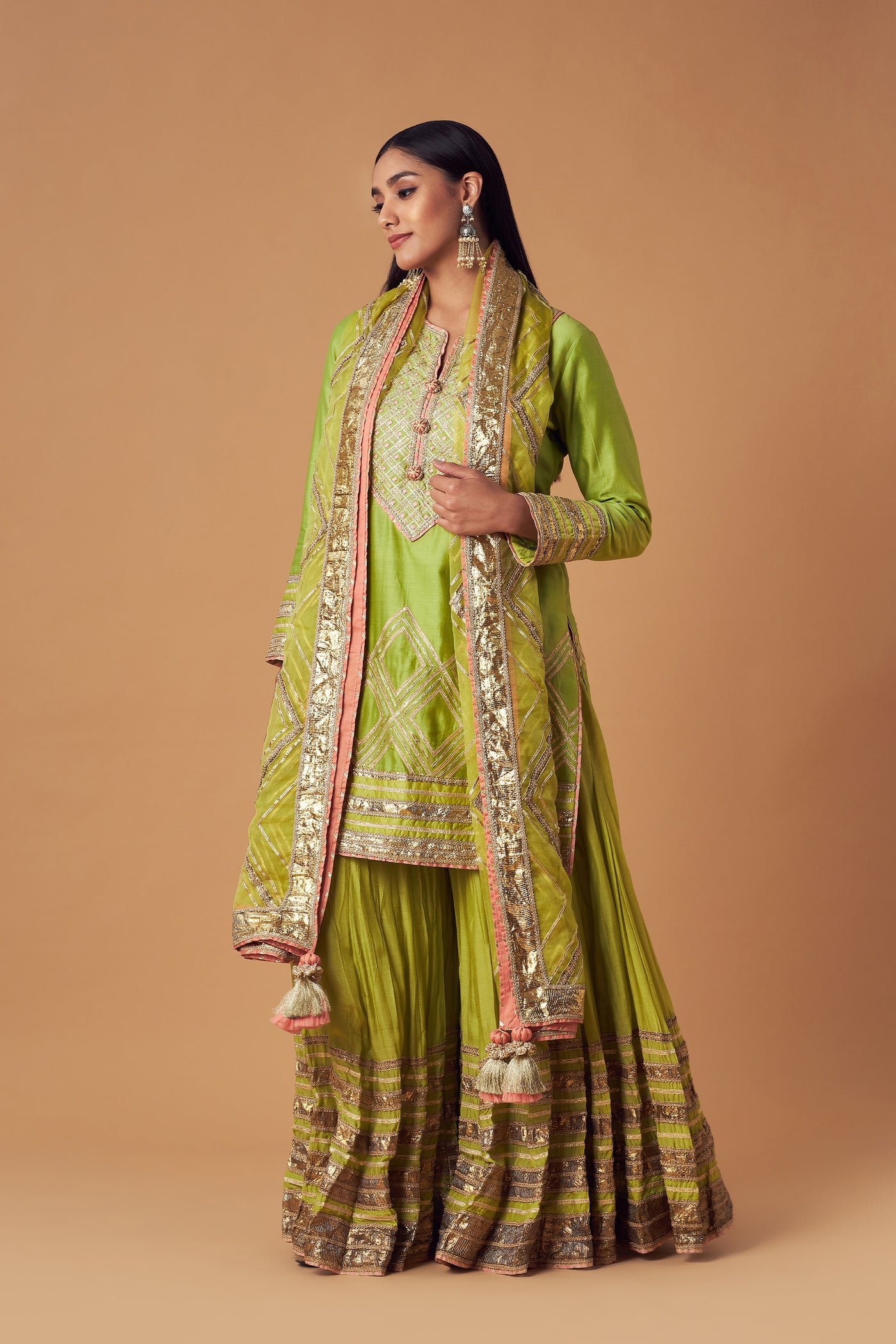 Simar Dugal Short Kurta With Sharara And Dupatta Lime Green indian designer wear online shopping melange singapore