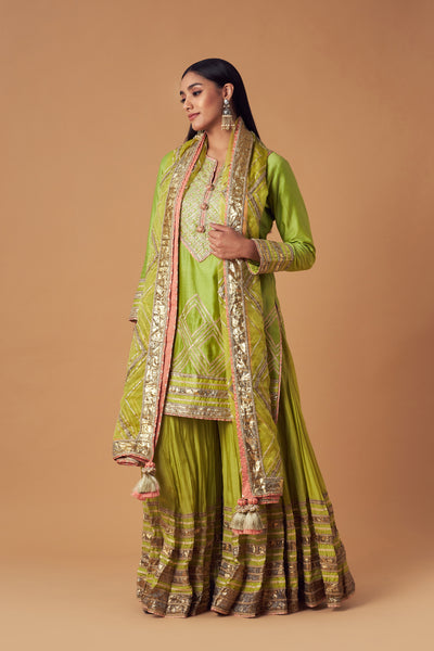 Simar Dugal Short Kurta With Sharara And Dupatta Lime Green indian designer wear online shopping melange singapore