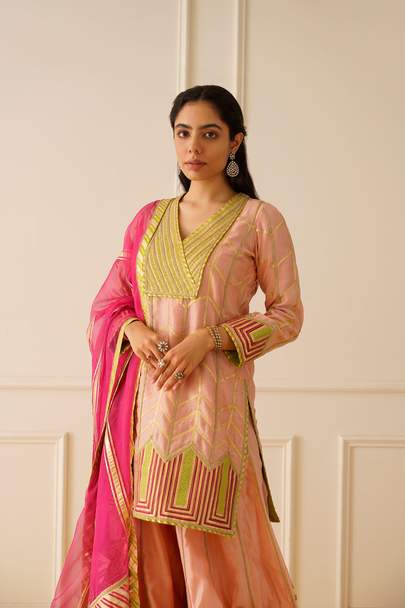 Simar Dugal Colourblock Short Kurta And Sharara Peach with Lime Green indian designer wear online shopping melange singapore