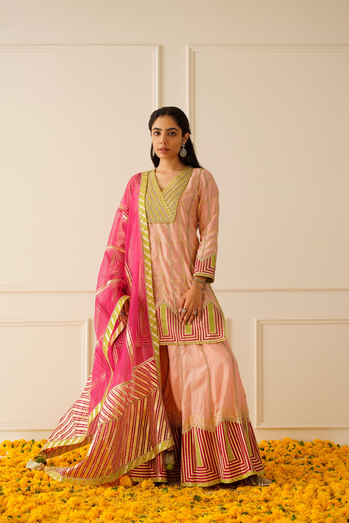 Simar Dugal Colourblock Short Kurta And Sharara Peach with Lime Green indian designer wear online shopping melange singapore