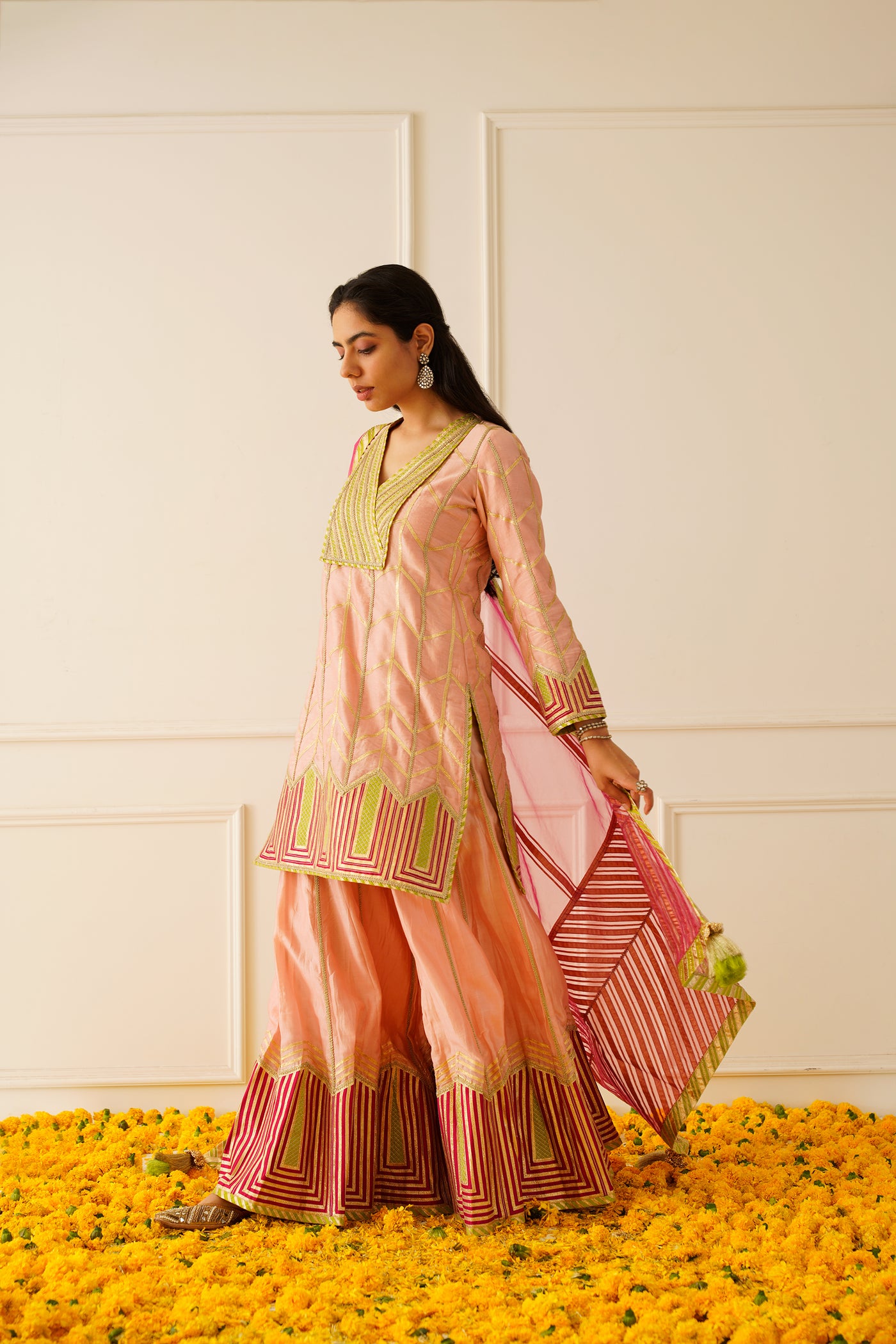 Simar Dugal Colourblock Short Kurta And Sharara Peach with Lime Green indian designer wear online shopping melange singapore