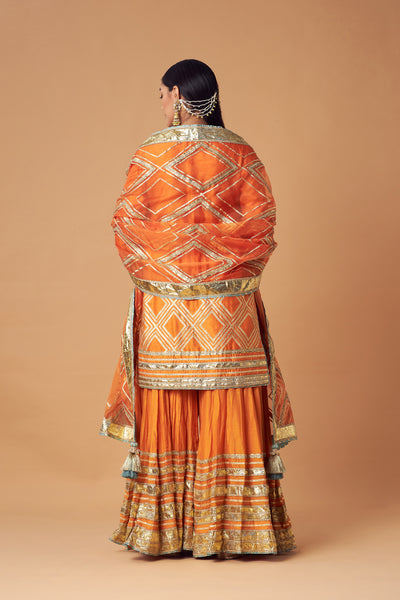 Simar Dugal Short Kurta With Sharara And Dupatta Tangerine  indian designer wear online shopping melange singapore