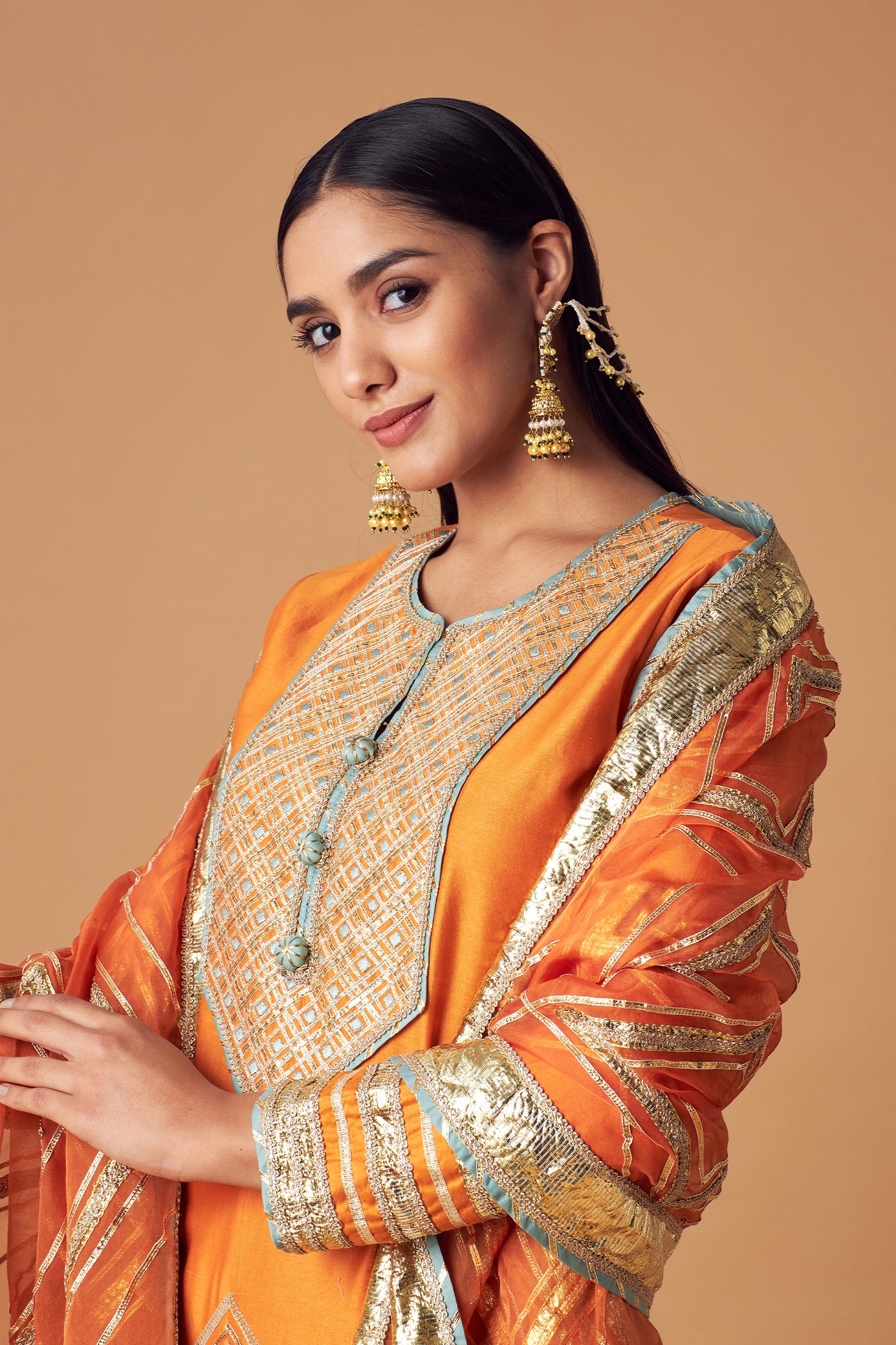 Simar Dugal Short Kurta With Sharara And Dupatta Tangerine  indian designer wear online shopping melange singapore