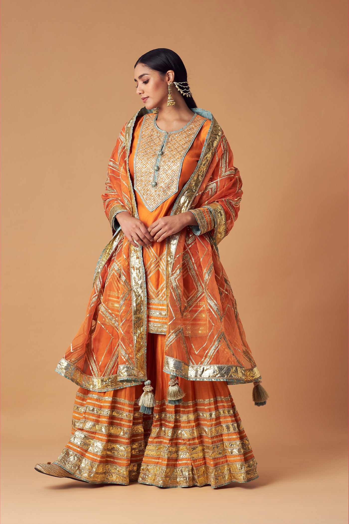 Simar Dugal Short Kurta With Sharara And Dupatta Tangerine  indian designer wear online shopping melange singapore