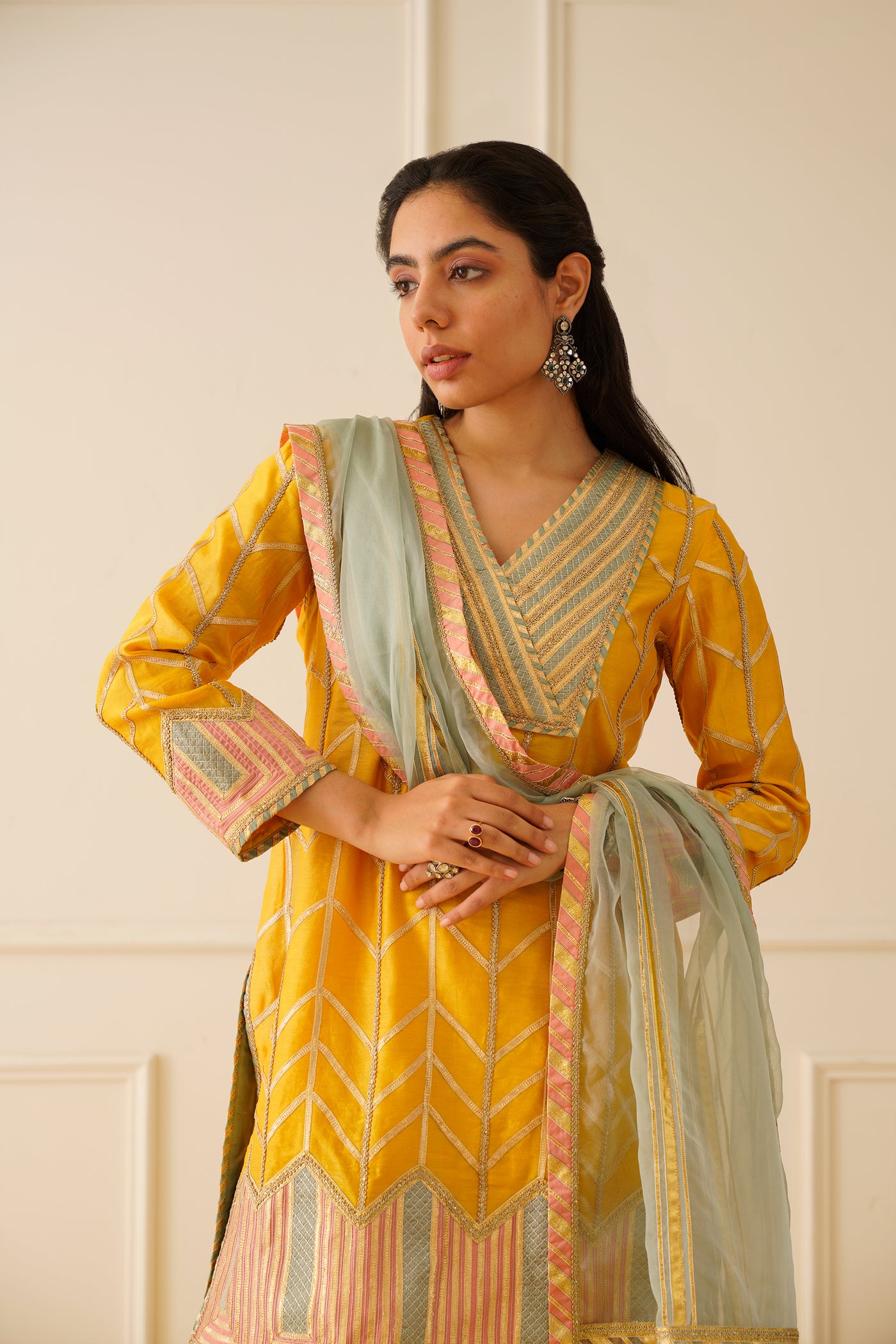 Simar Dugal Colourblock Short Kurta And Sharara Yellow with Aqua indian designer wear online shopping melange singapore