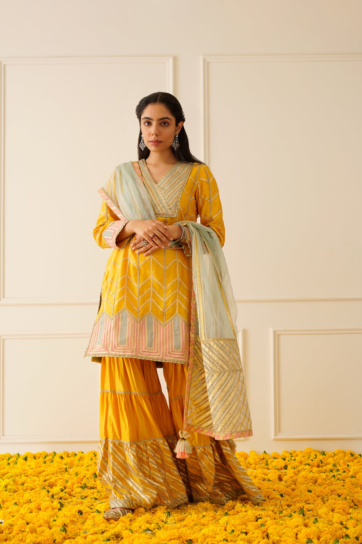 Simar Dugal Colourblock Short Kurta And Sharara Yellow with Aqua indian designer wear online shopping melange singapore