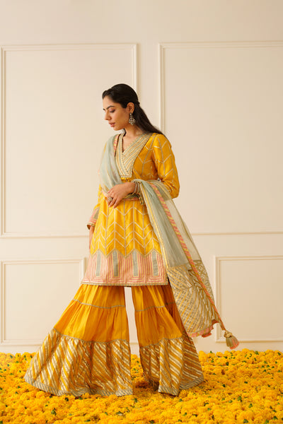 Simar Dugal Colourblock Short Kurta And Sharara Yellow with Aqua indian designer wear online shopping melange singapore