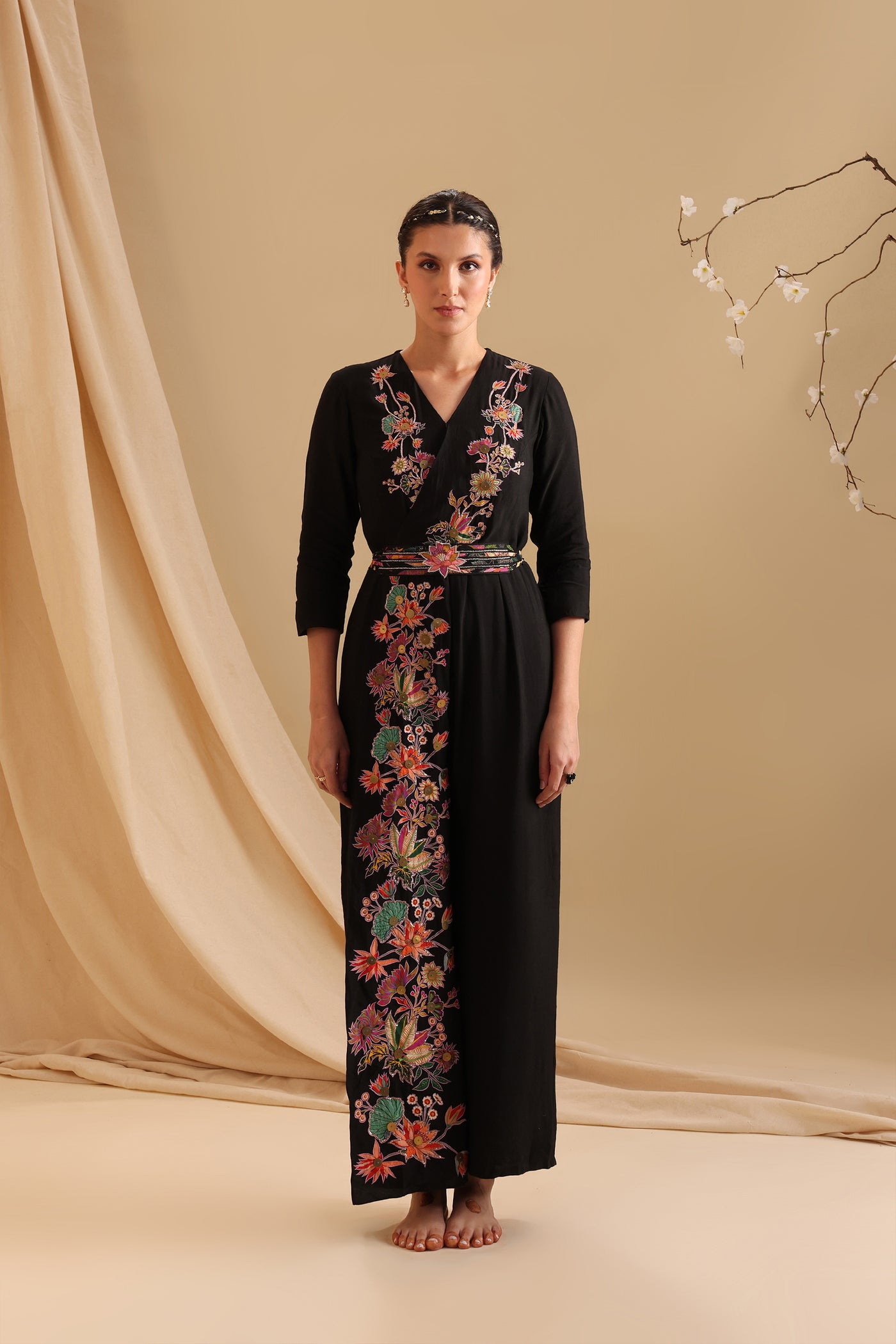 Sougat Paul Aarani Applique Overlap Jumpsuit With Belt indian designer wear online shopping melange singapore