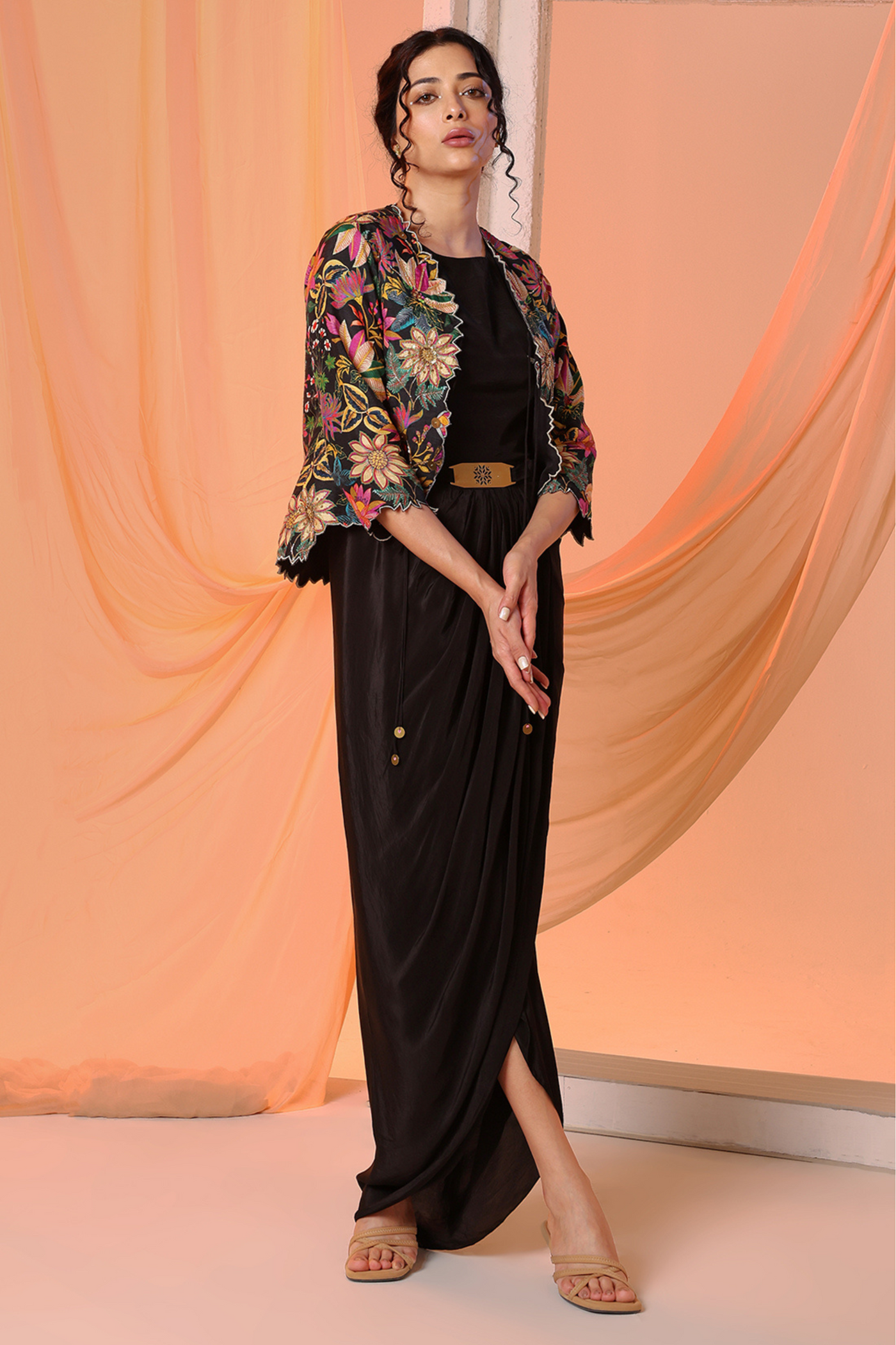 Aarani Embellished Drape Dress Set Black Sougat Paul Indian Designer Wear Melange Singapore Online Shopping