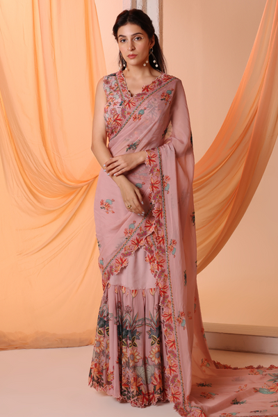 Aarani Embroidered Pre-stitch Saree Set Pink Melange Singapore Online Shopping Indian Designer Wear