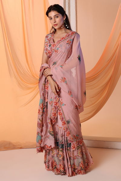 Aarani Embroidered Pre-stitch Saree Set Pink Melange Singapore Online Shopping Indian Designer Wear