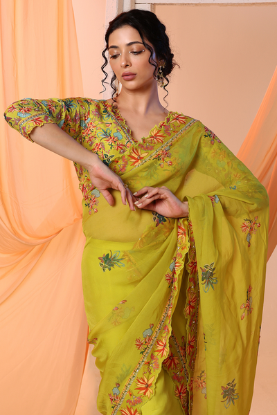 Aarani Embroidered Pre-stitch Saree set Melange Singapore Online Shopping Indian Designer Wear Sougat Paul Yellow