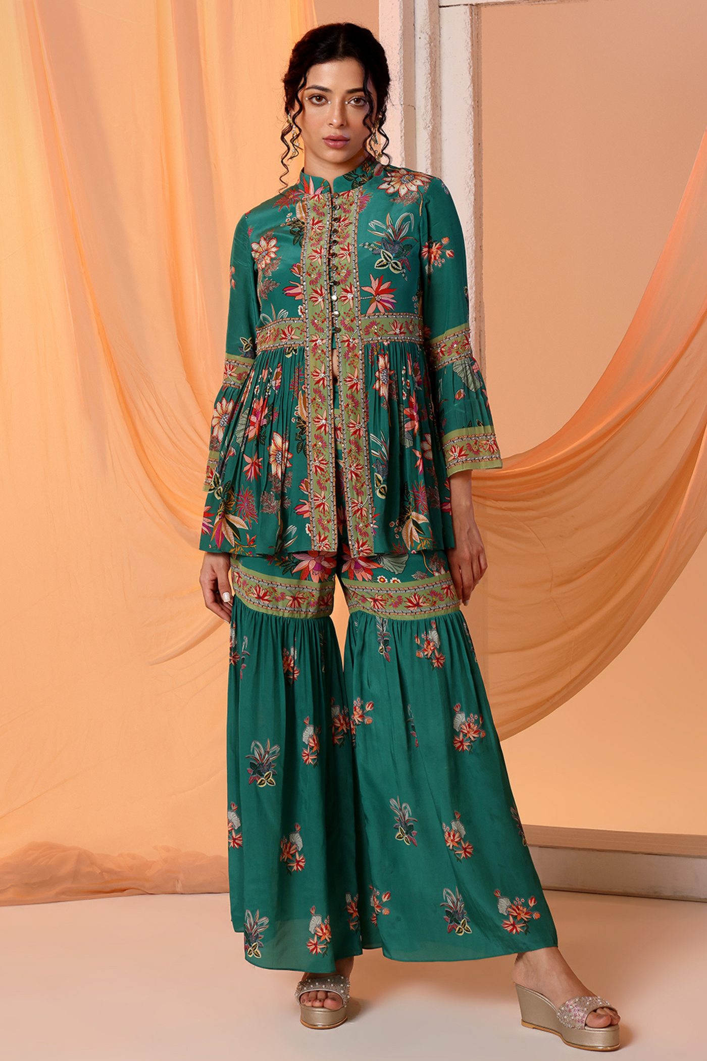 Aarani Embroidered Sharara Set Sougat Paul Green Indian Designer Wear Online Shopping Melange Singapore