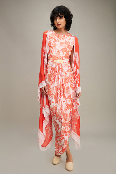 Sougat Paul Ahyana Printed Drape Dress With Cape indian designer wear online shopping melange singapore