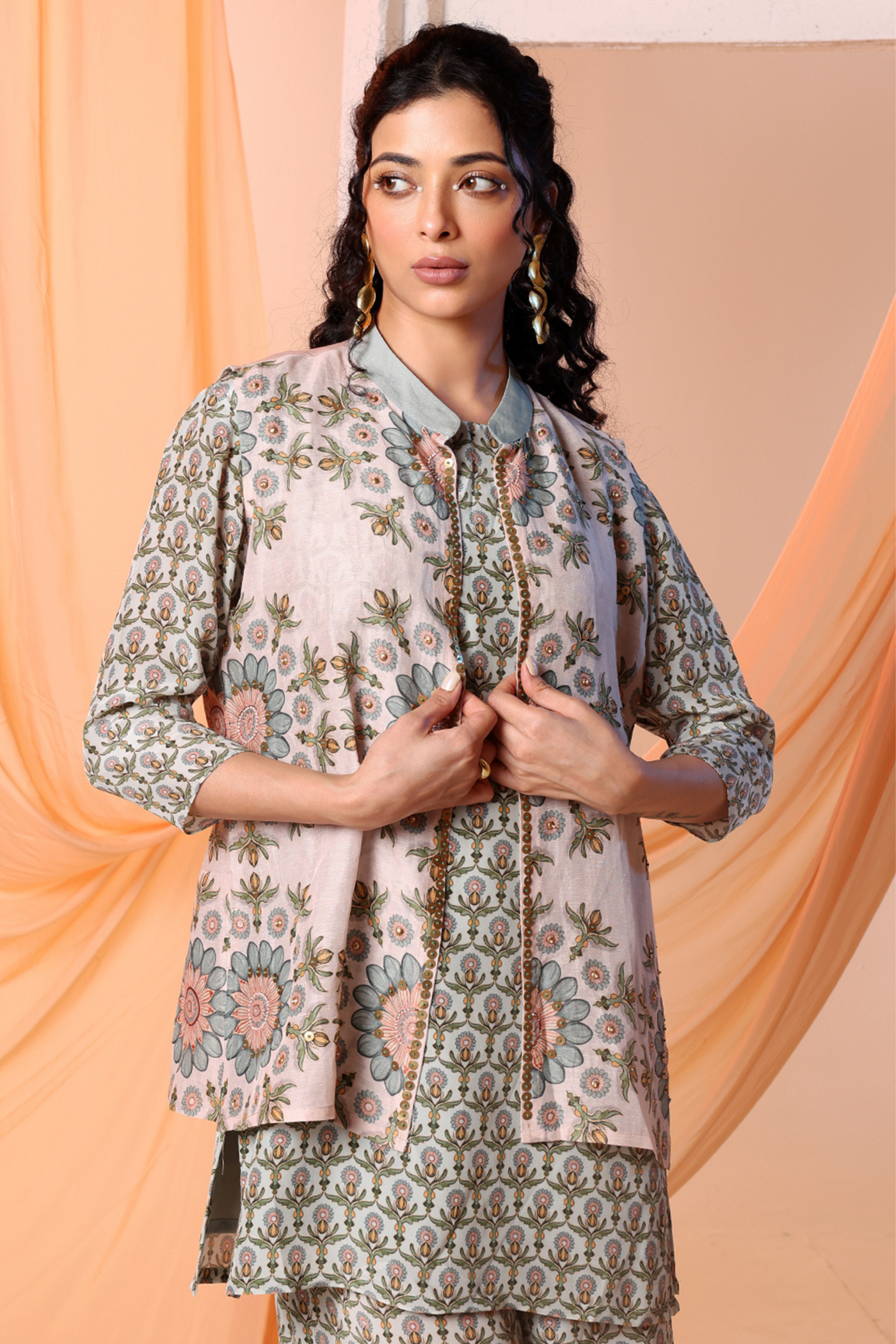 Earaya Printed Kurta Set with Embellished Jacket Green Indian Designer Wear Melange Singapore Online Shopping Sougat Paul