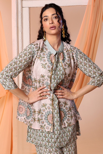 Earaya Printed Kurta Set with Embellished Jacket Green Indian Designer Wear Melange Singapore Online Shopping Sougat Paul