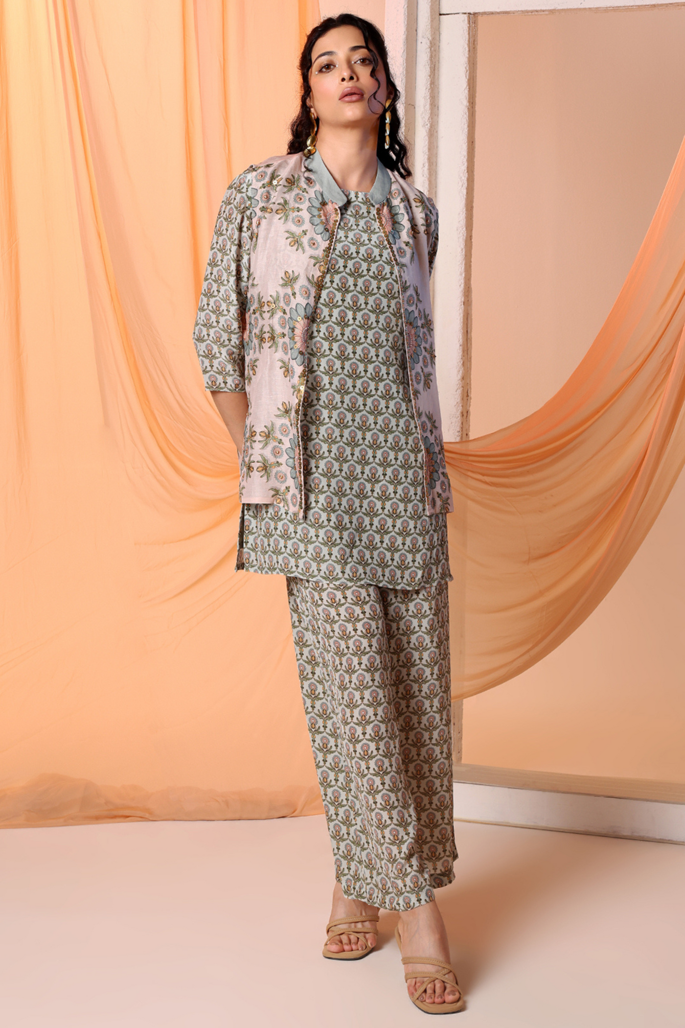 Earaya Printed Kurta Set with Embellished Jacket Green Indian Designer Wear Melange Singapore Online Shopping Sougat Paul