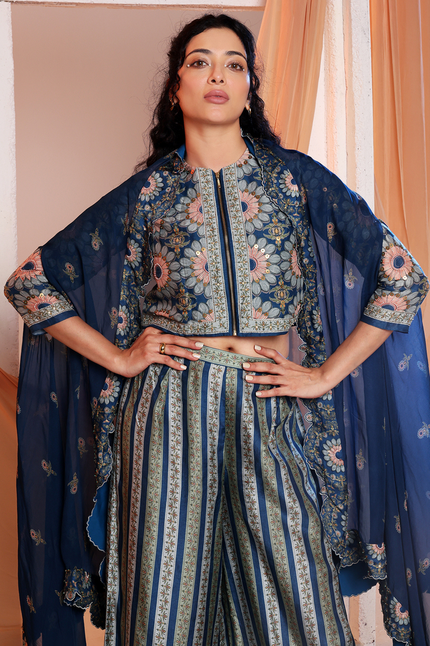 Earaya Printed Co-ord Set with Cape Sougat Paul Indian Designer Wear Online Shopping Melange Singapore