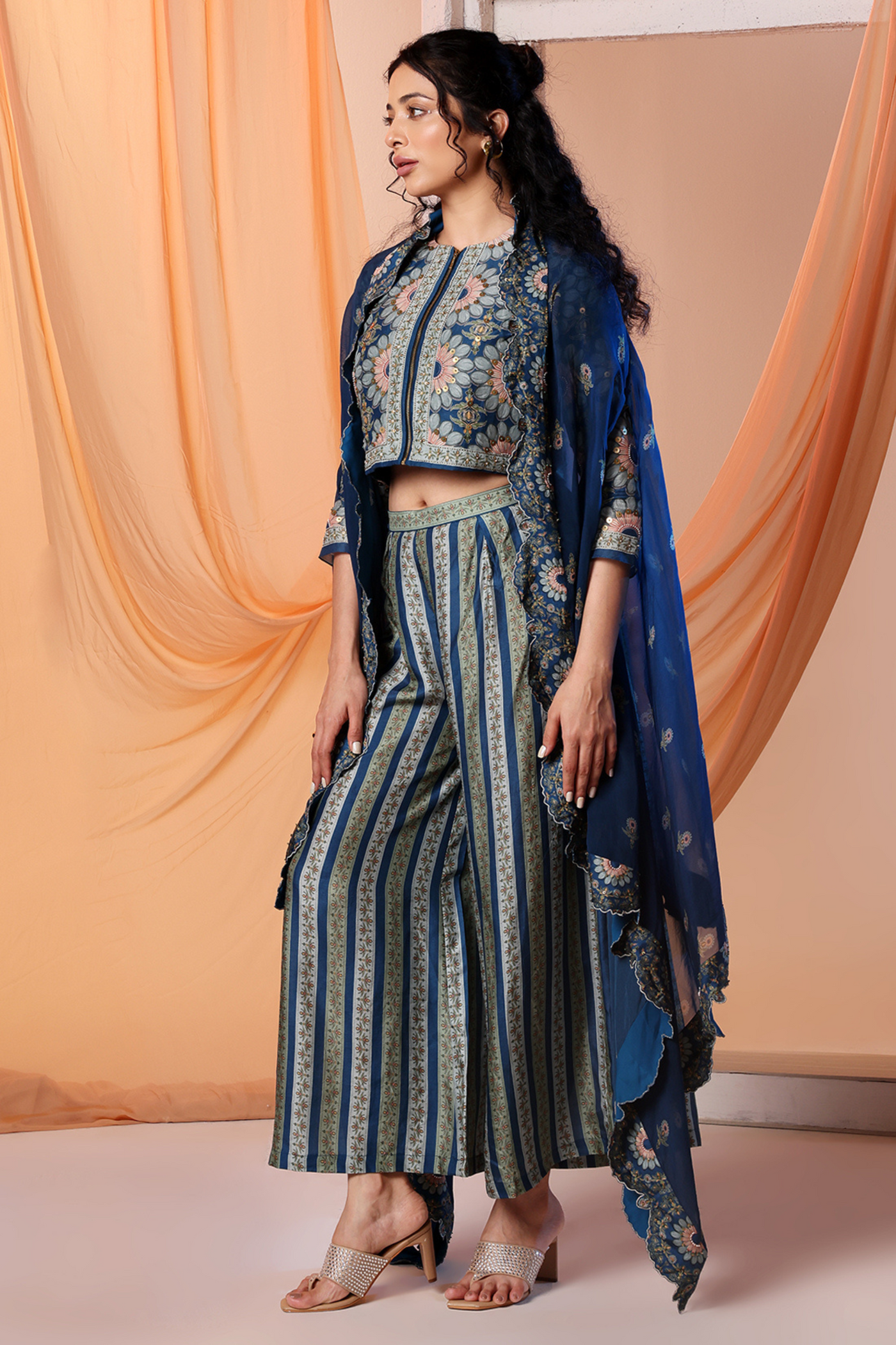 Earaya Printed Co-ord Set with Cape Sougat Paul Indian Designer Wear Online Shopping Melange Singapore