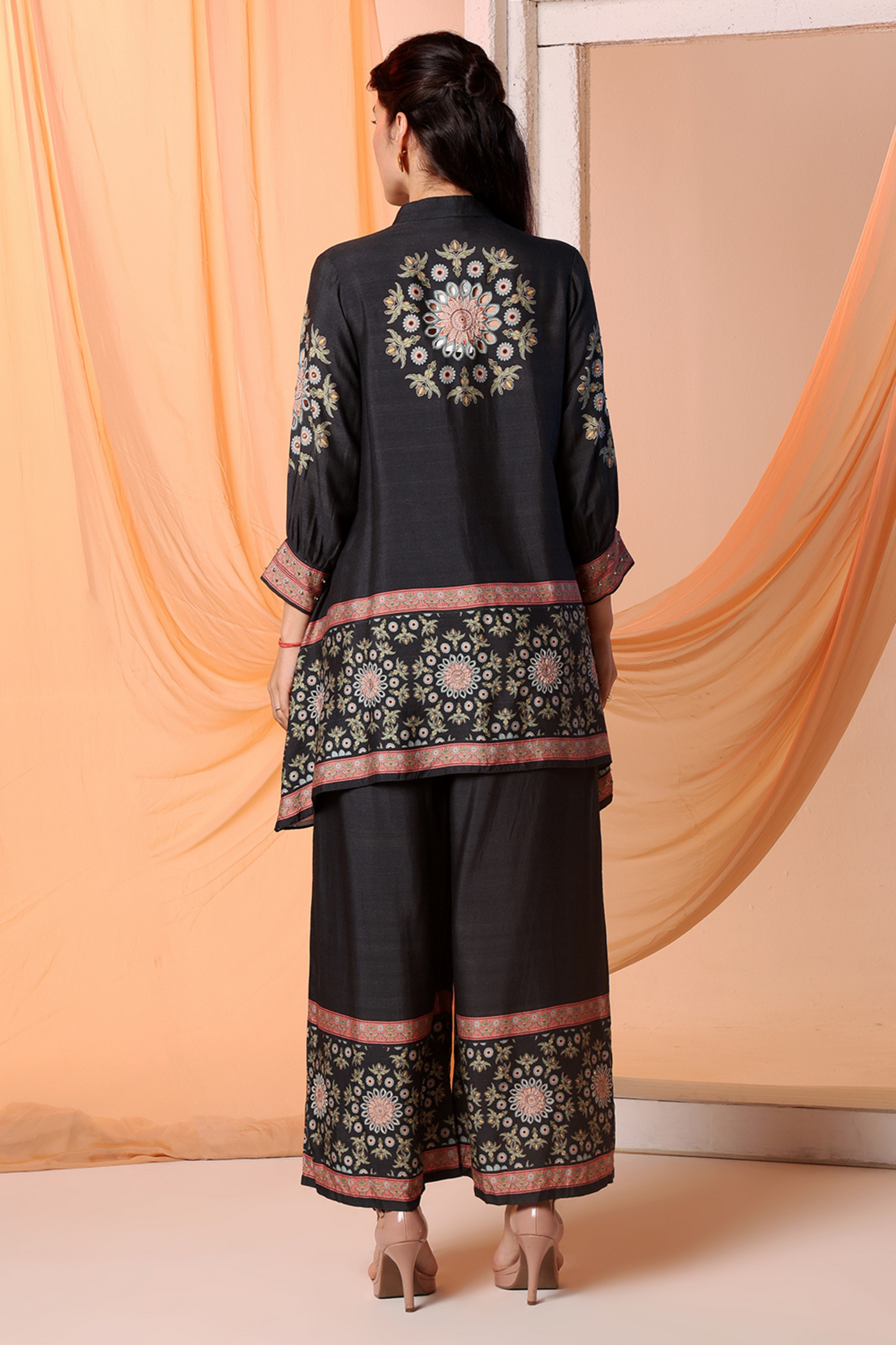 Eraya Embellished Co-Ord Set With Gathered Sleeves Black Melange Singapore Online Shopping Indian Designer Wear