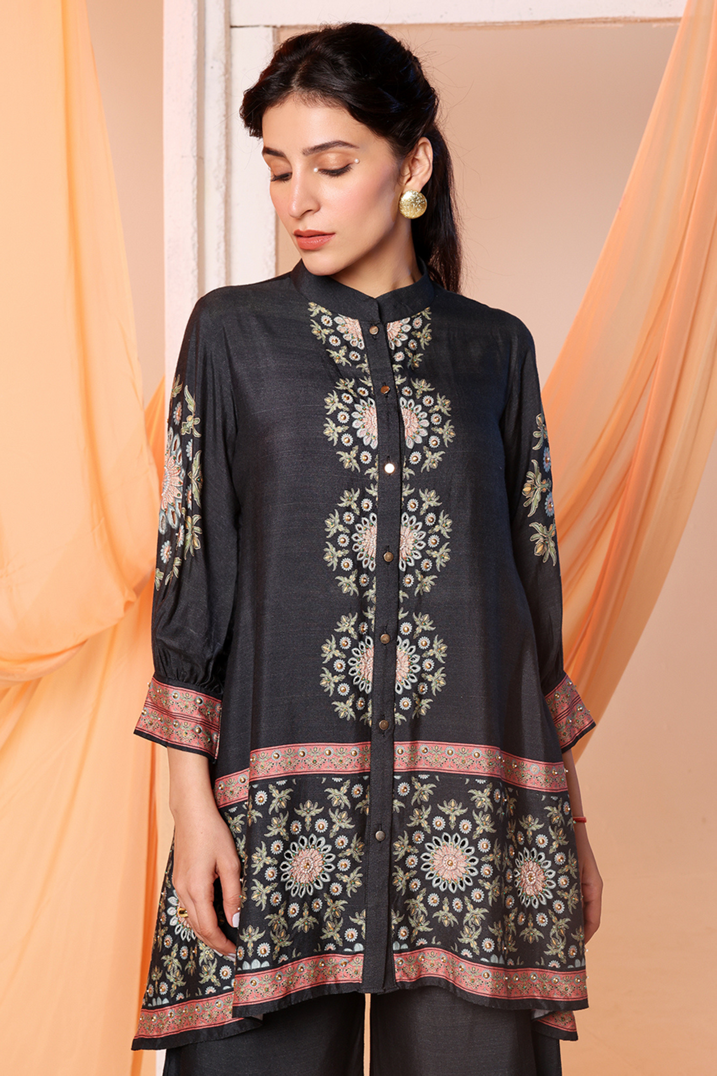 Eraya Embellished Co-Ord Set With Gathered Sleeves Black Melange Singapore Online Shopping Indian Designer Wear