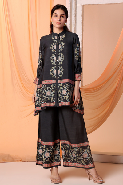 Eraya Embellished Co-Ord Set With Gathered Sleeves Black Melange Singapore Online Shopping Indian Designer Wear