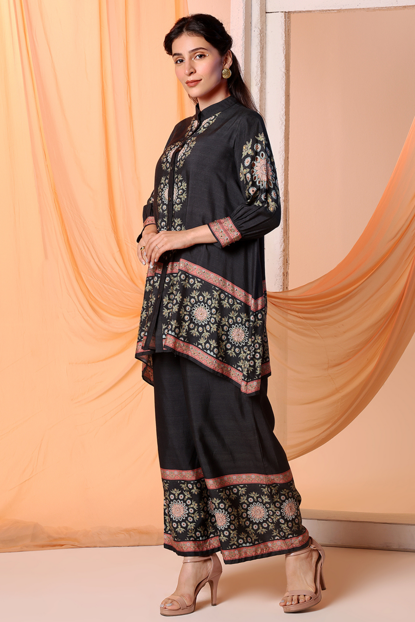 Eraya Embellished Co-Ord Set With Gathered Sleeves Black Melange Singapore Online Shopping Indian Designer Wear