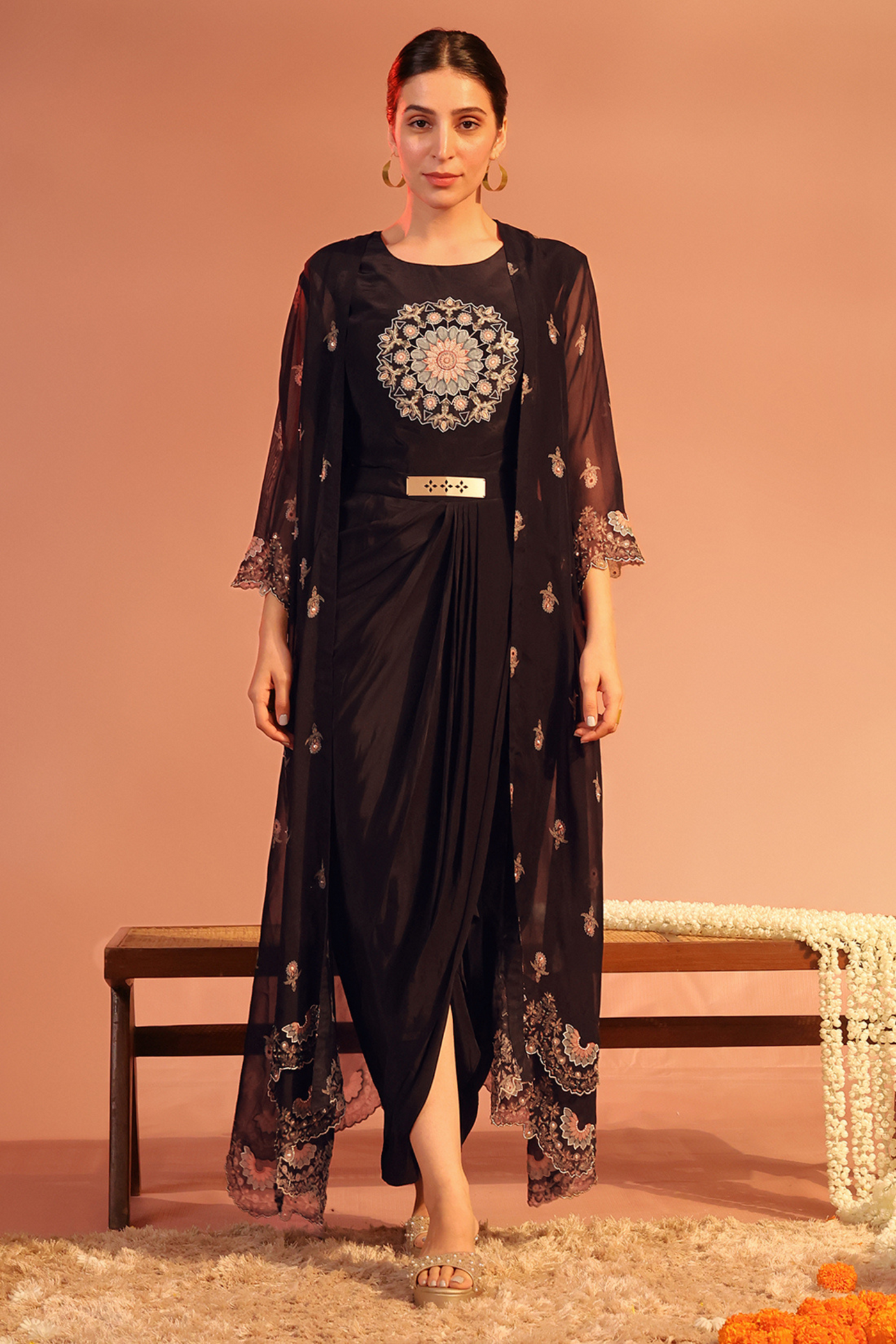 Eraya Embellished Drape Dress Set Black Melange Singapore Online Shopping Indian Designer Wear