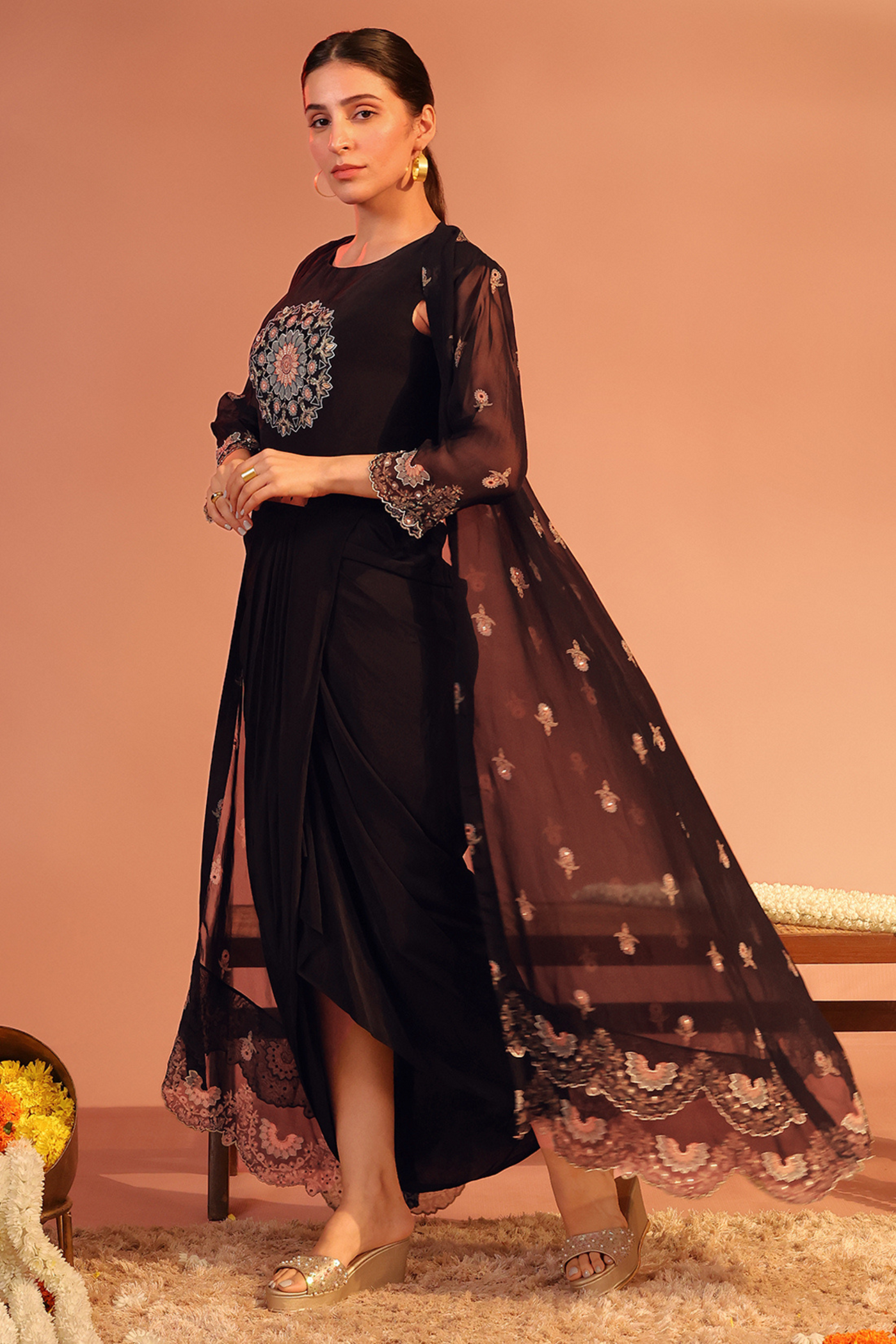 Eraya Embellished Drape Dress Set Black Melange Singapore Online Shopping Indian Designer Wear