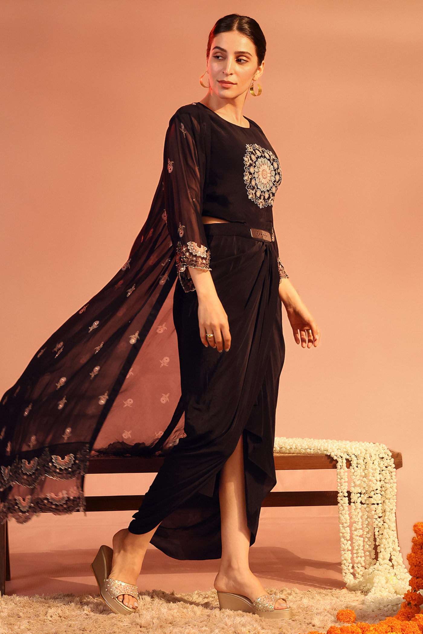 Eraya Embellished Drape Dress Set Black Melange Singapore Online Shopping Indian Designer Wear