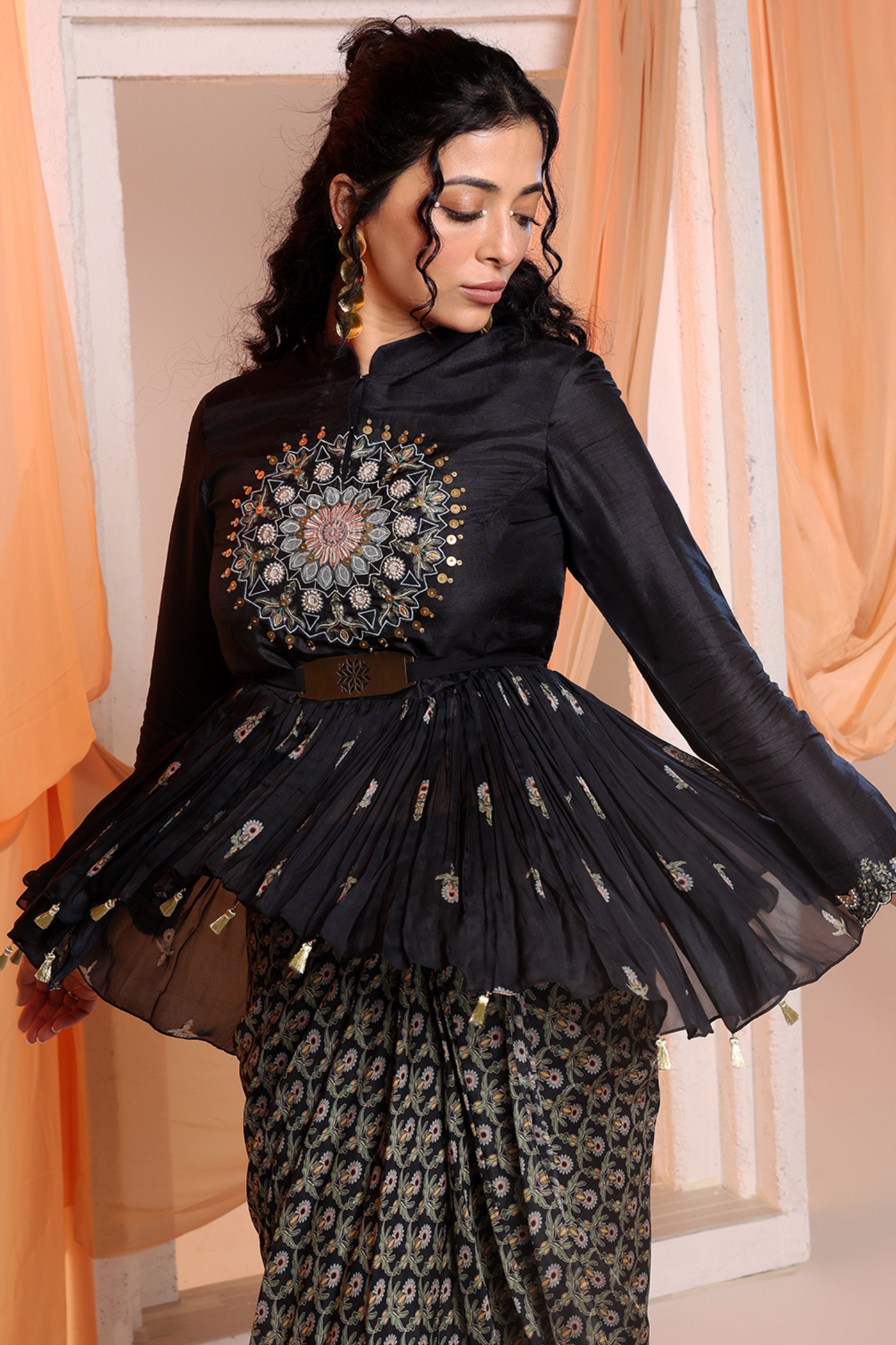 Eraya Embellished Drape Skirt Set Sougat Paul Black Melange Singapore Online Shopping Indian Designer Wear