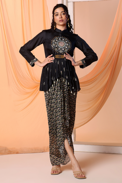 Eraya Embellished Drape Skirt Set Sougat Paul Black Melange Singapore Online Shopping Indian Designer Wear