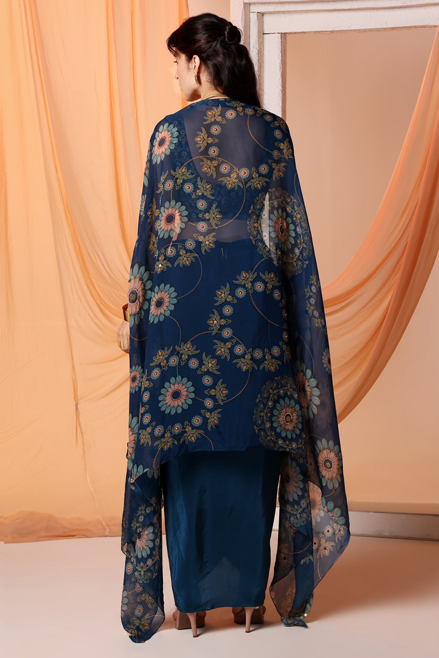 Eraya Embellished Drape Skirt Set With Cape Sougat Paul Navy Blue Online Shopping Indian Designer Wear Melange Singapore