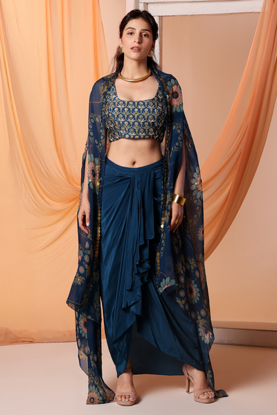 Eraya Embellished Drape Skirt Set With Cape Sougat Paul Navy Blue Online Shopping Indian Designer Wear Melange Singapore