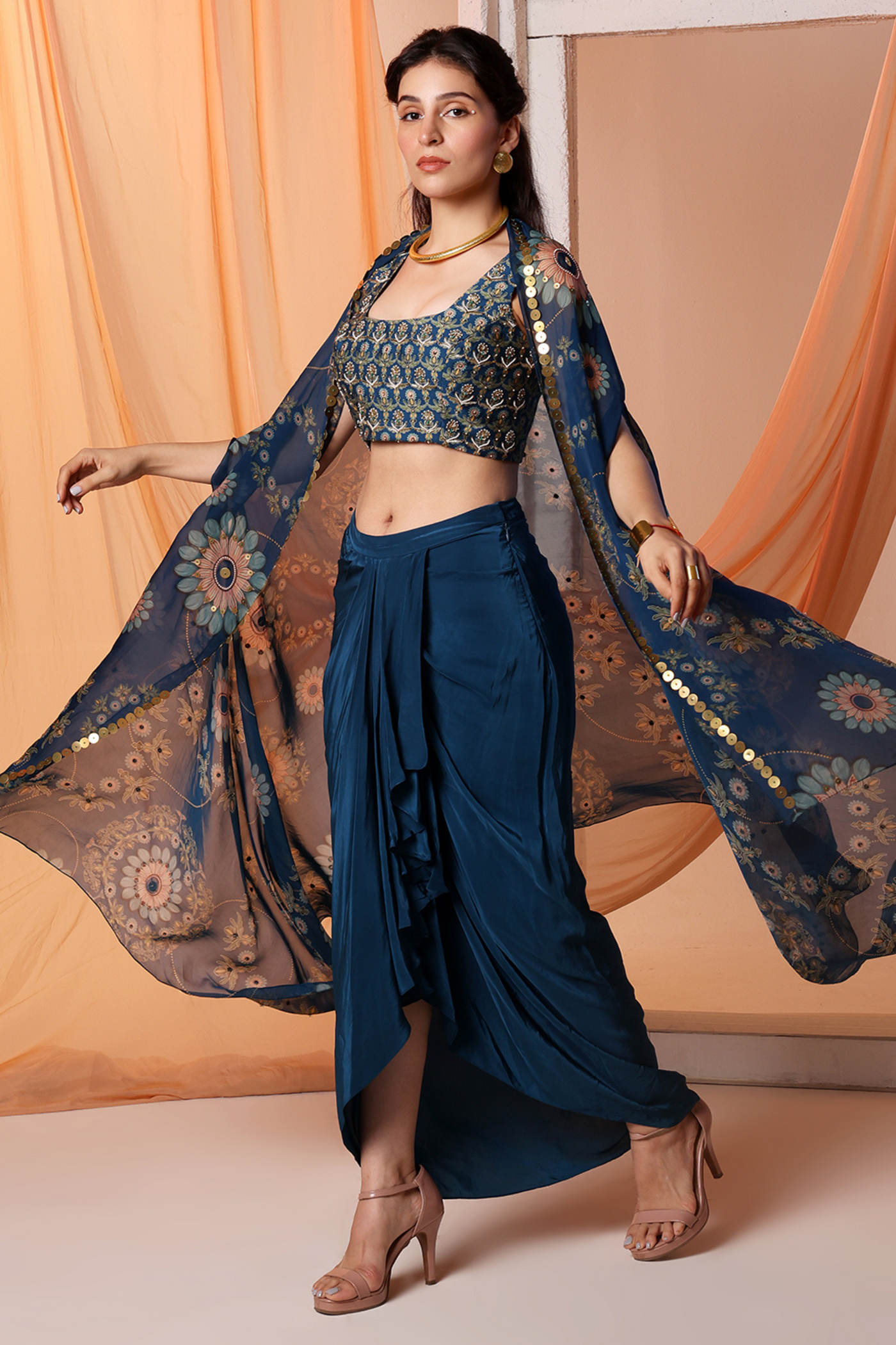 Eraya Embellished Drape Skirt Set With Cape Sougat Paul Navy Blue Online Shopping Indian Designer Wear Melange Singapore