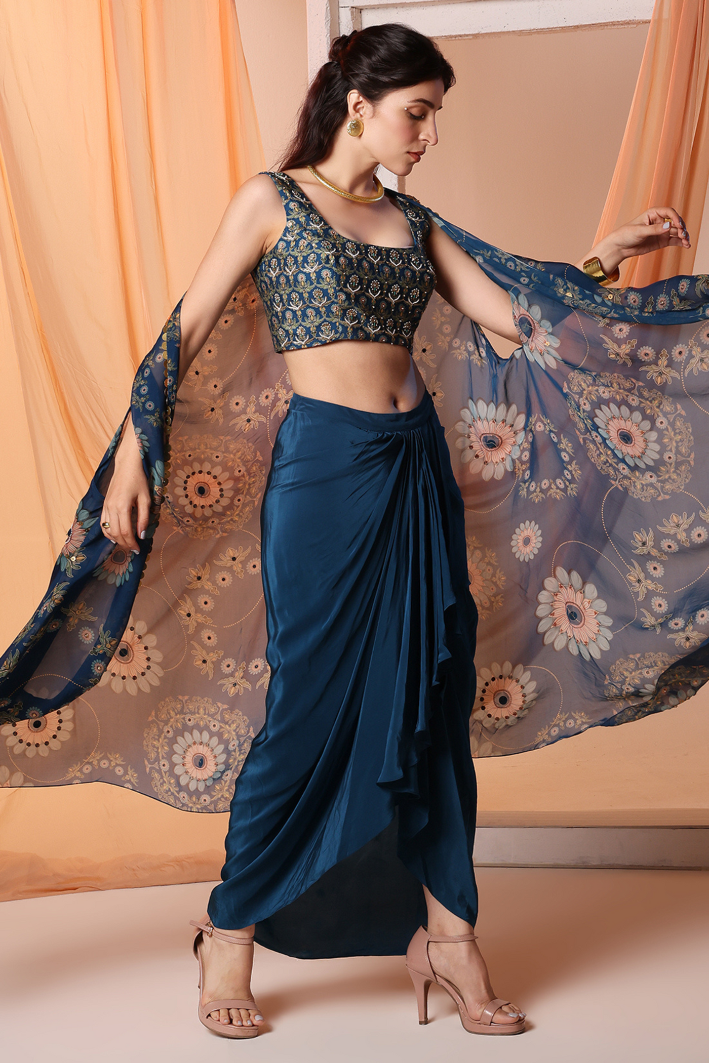 Eraya Embellished Drape Skirt Set With Cape Sougat Paul Navy Blue Online Shopping Indian Designer Wear Melange Singapore