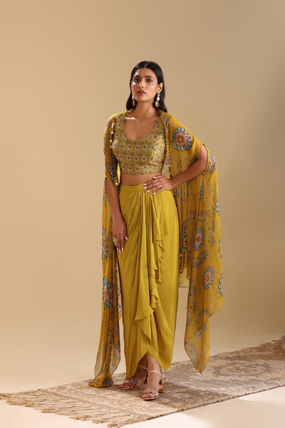 Sougat Paul Eraya Embellished Drape Skirt Set With Cape indian designer wear online shopping melange singapore