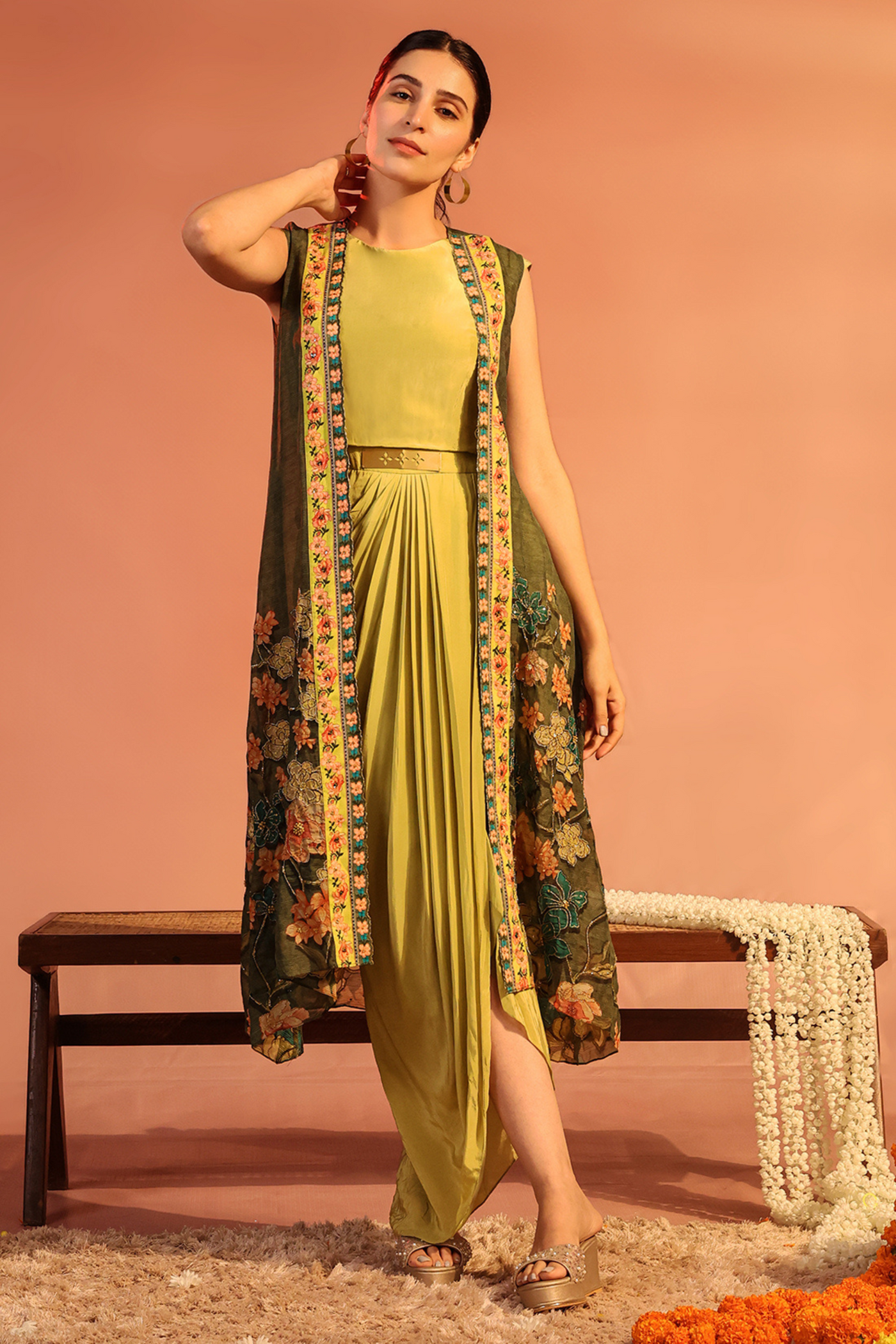 Sadira Embellished Drape Dress Set Green Sougat Paul Indian Designer Wear Online Shopping Melange Singapore