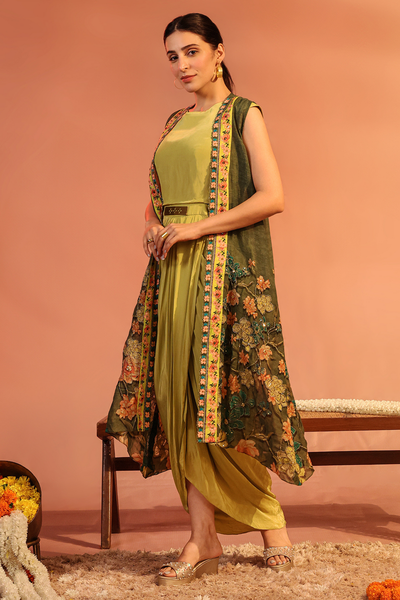 Sadira Embellished Drape Dress Set Green Sougat Paul Indian Designer Wear Online Shopping Melange Singapore