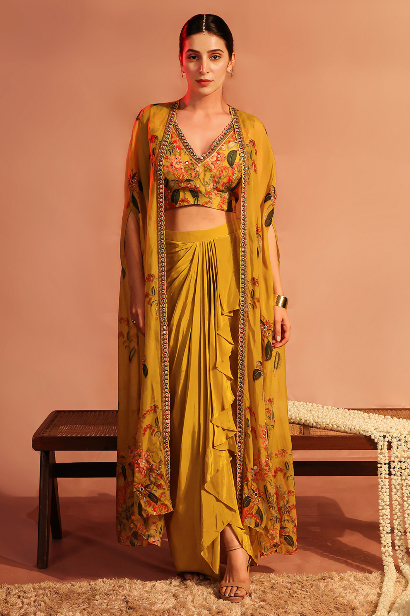 Sougat Paul Tamaya Embellished Drape Skirt Set With Cape Melange Singapore Online Shopping Wedding Indian Designer Wear