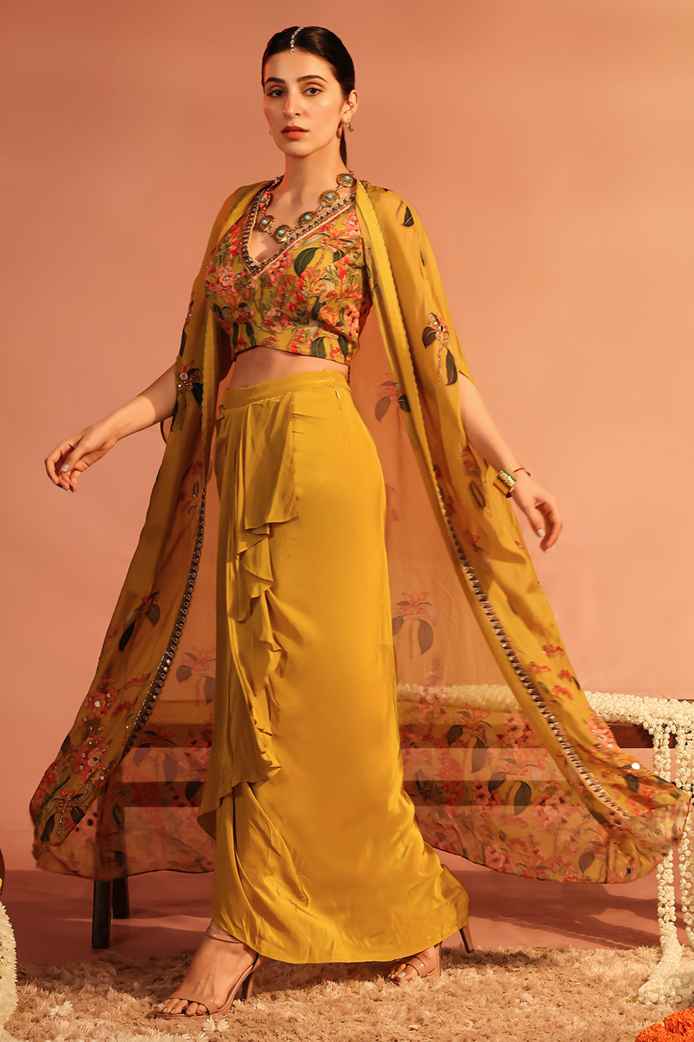 Sougat Paul Tamaya Embellished Drape Skirt Set With Cape Melange Singapore Online Shopping Wedding Indian Designer Wear