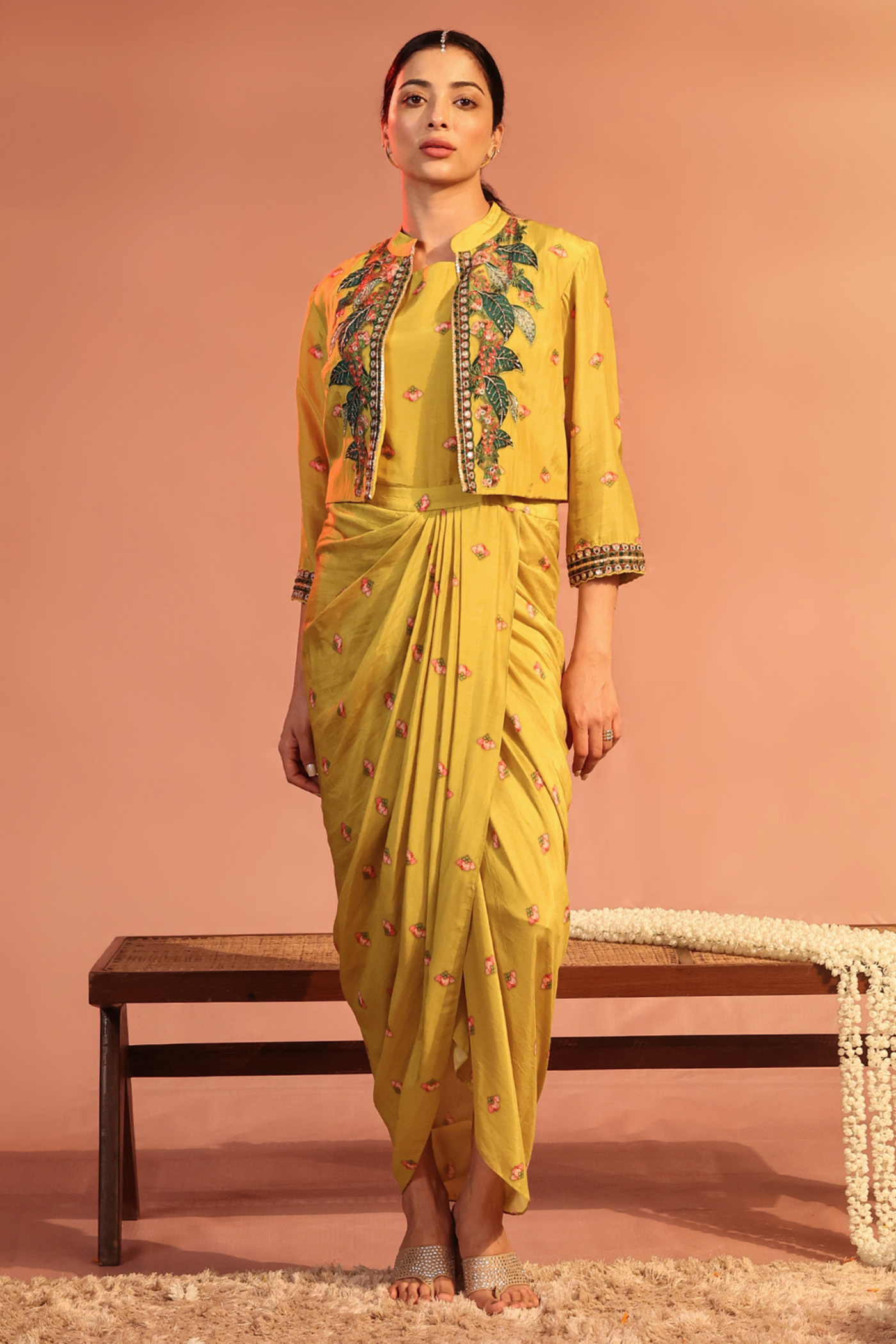 Tamaya Embroidered Drape Dress with Jacket Sougat Paul Indian Designer Wear Online Shopping Melange Singapore