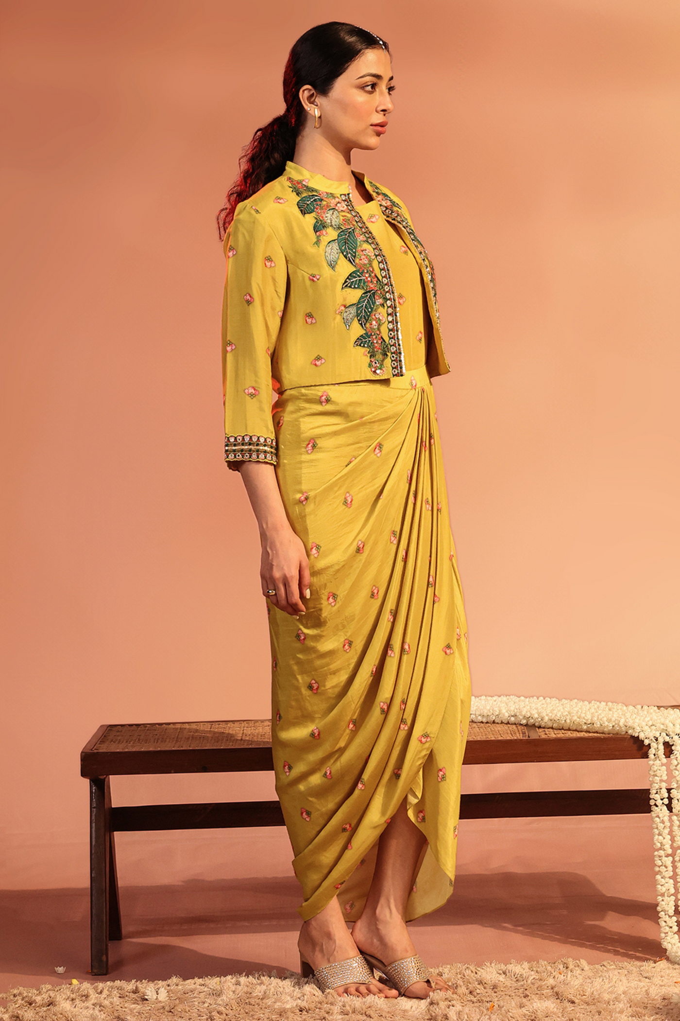 Tamaya Embroidered Drape Dress with Jacket Sougat Paul Indian Designer Wear Online Shopping Melange Singapore