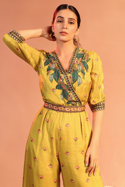 Tamaya embellished Overlap Jumpsuit With Belt Melange Singapore Online Shopping Indian Designer Wear Sougat Paul