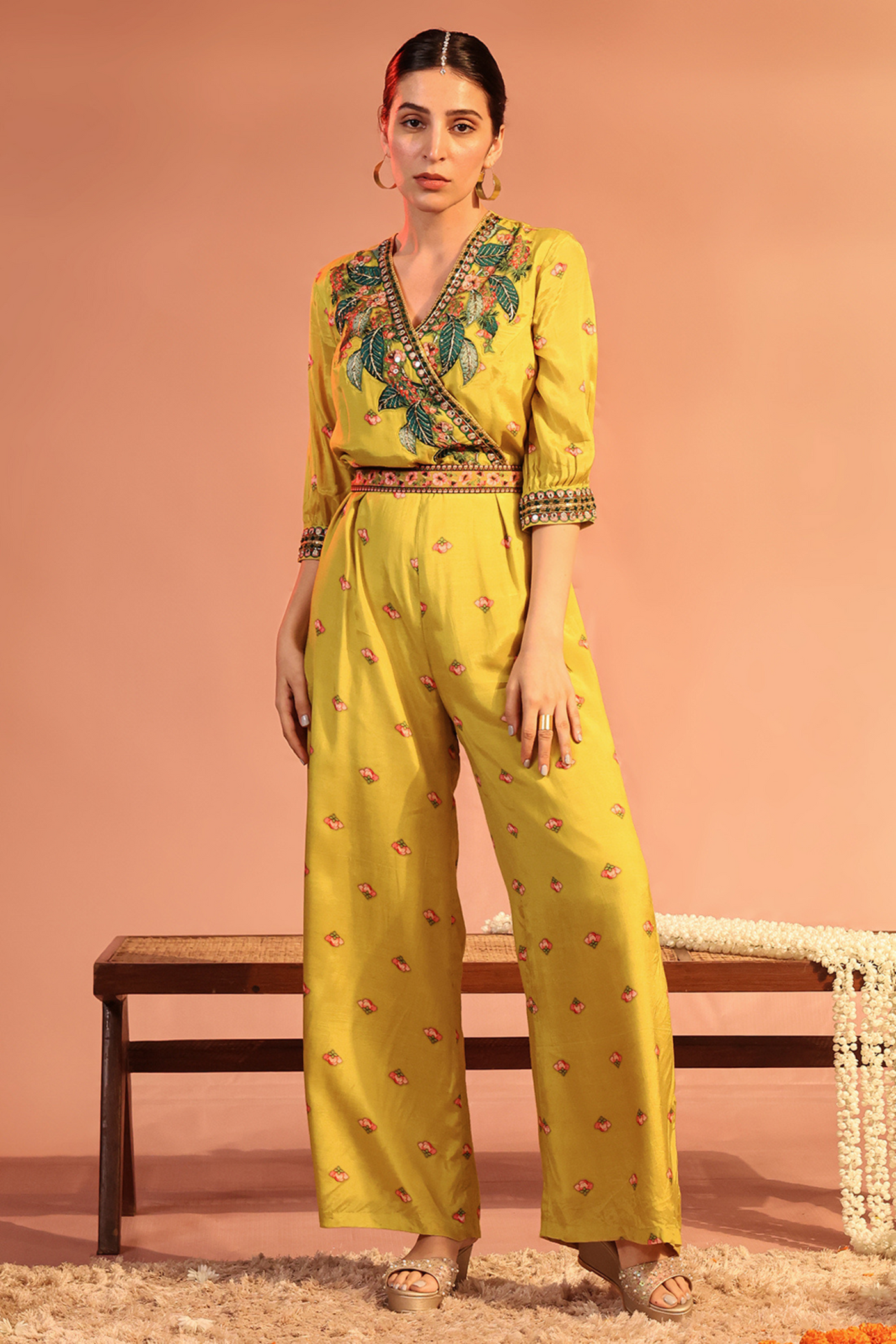 Tamaya embellished Overlap Jumpsuit With Belt Melange Singapore Online Shopping Indian Designer Wear Sougat Paul