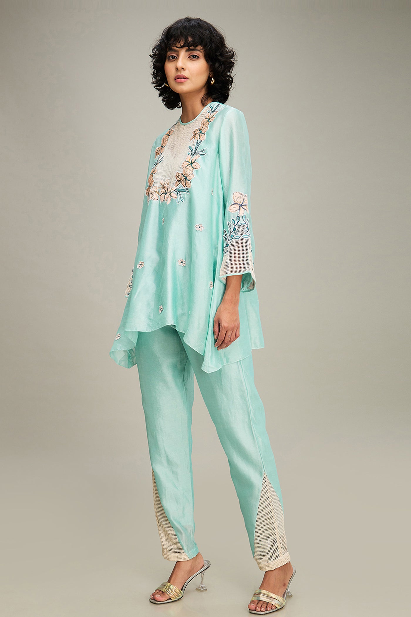 Sougat Paul Zinnia Applique Co-ord Set Mint Green indian designer wear online shopping melange singapore